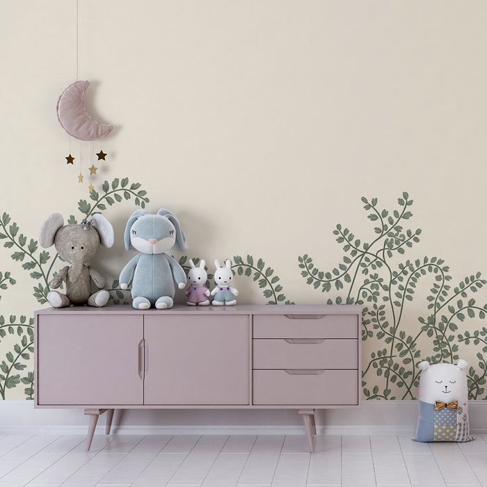 Barntapet | Mjuka gröna blad på krämig bakgrund