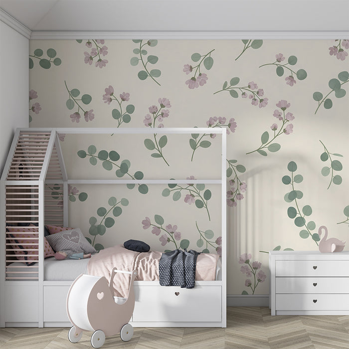 Tapet barnerom | Myke blomster og pastellblader på lys bakgrunn