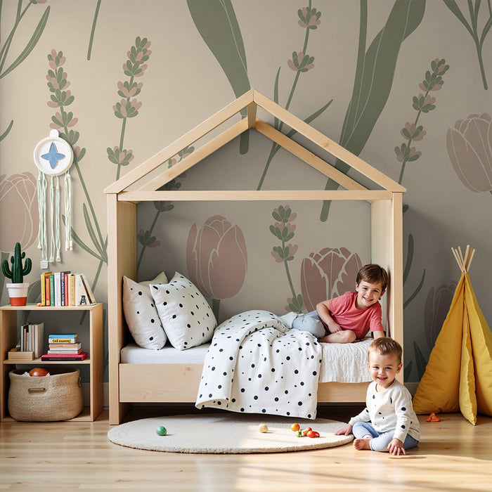 Nursery room wallpaper | Soft flowers and lavender on a cream background