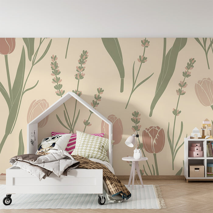 Nursery room wallpaper | Soft flowers and lavender on a cream background