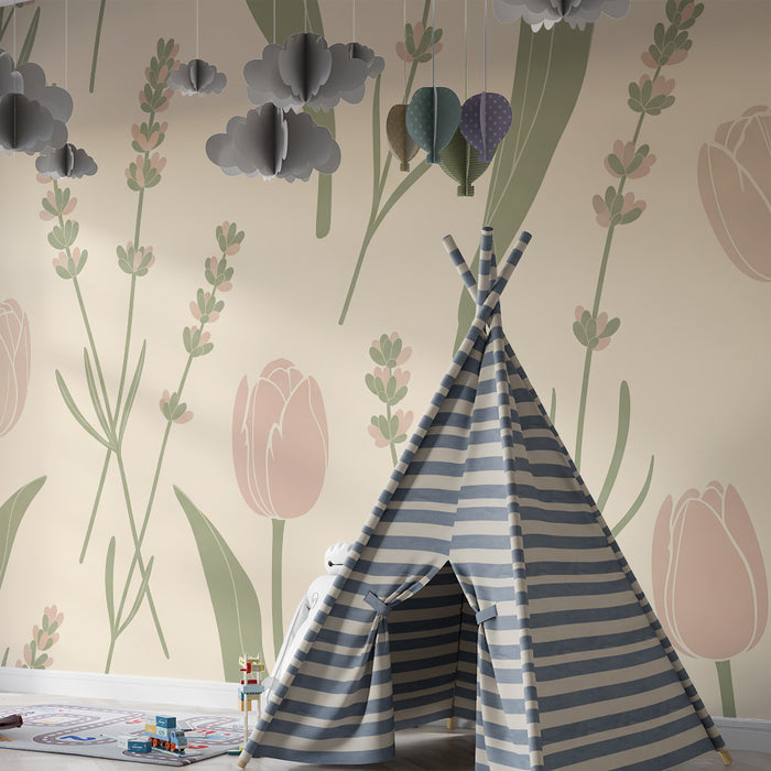Nursery room wallpaper | Soft flowers and lavender on a cream background