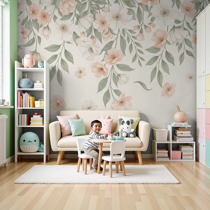 Barntapet | Mjuka pastellblommor och delikat lövverk