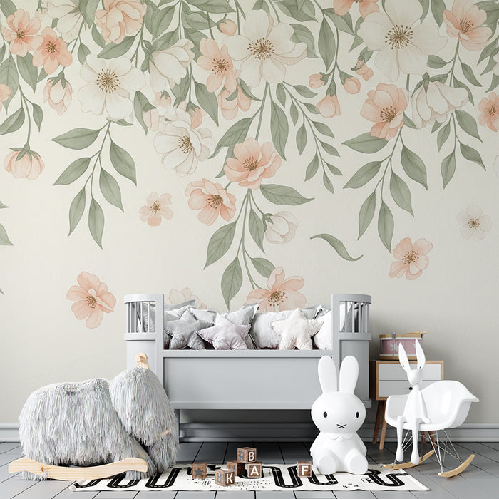 Barntapet | Mjuka pastellblommor och delikat lövverk