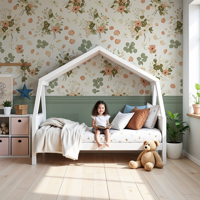Papier peint chambre bébé | Douces fleurs pastel et feuillage délicat