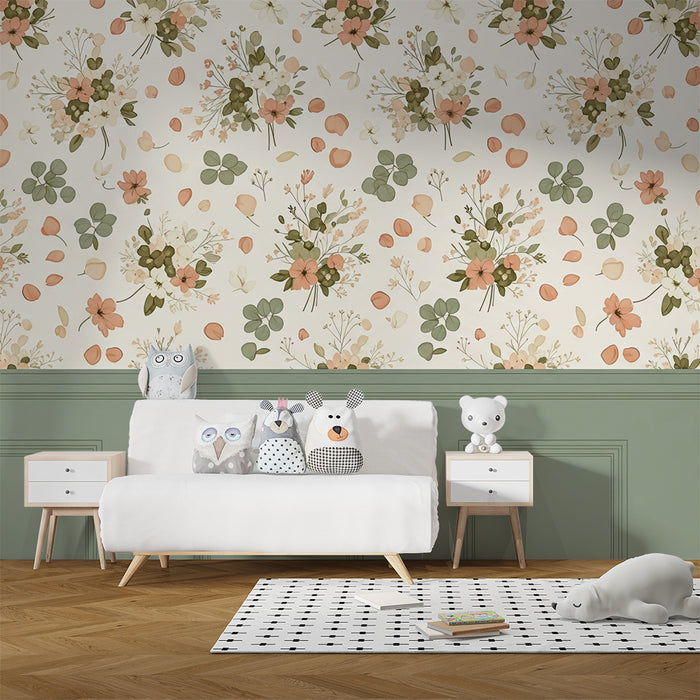 Papier peint chambre bébé | Douces fleurs pastel et feuillage délicat