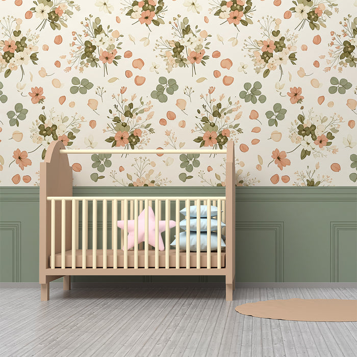 Papier peint chambre bébé | Douces fleurs pastel et feuillage délicat