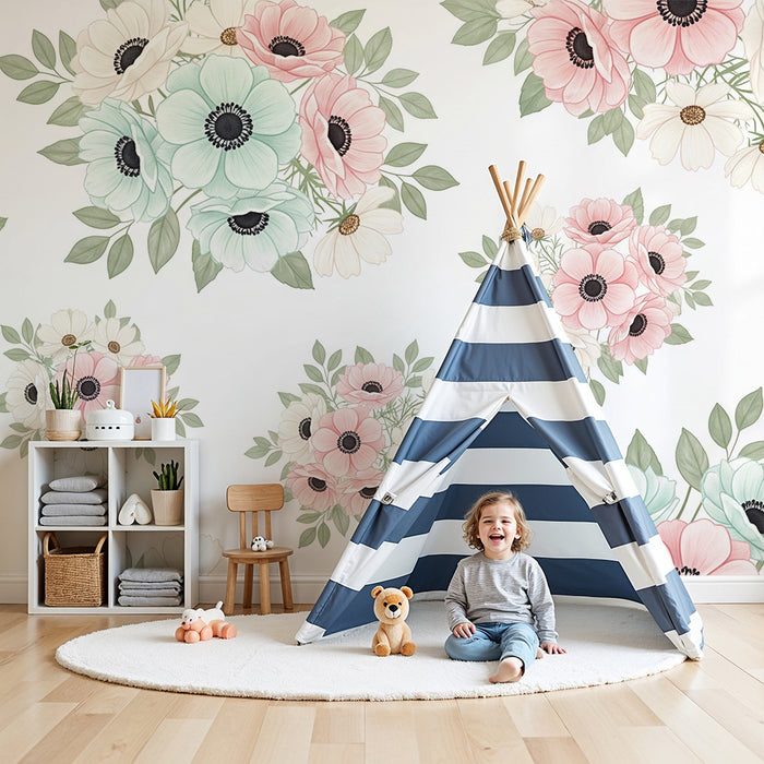 Papel de parede quarto bebê | Flores suaves em tons pastel e folhagem delicada