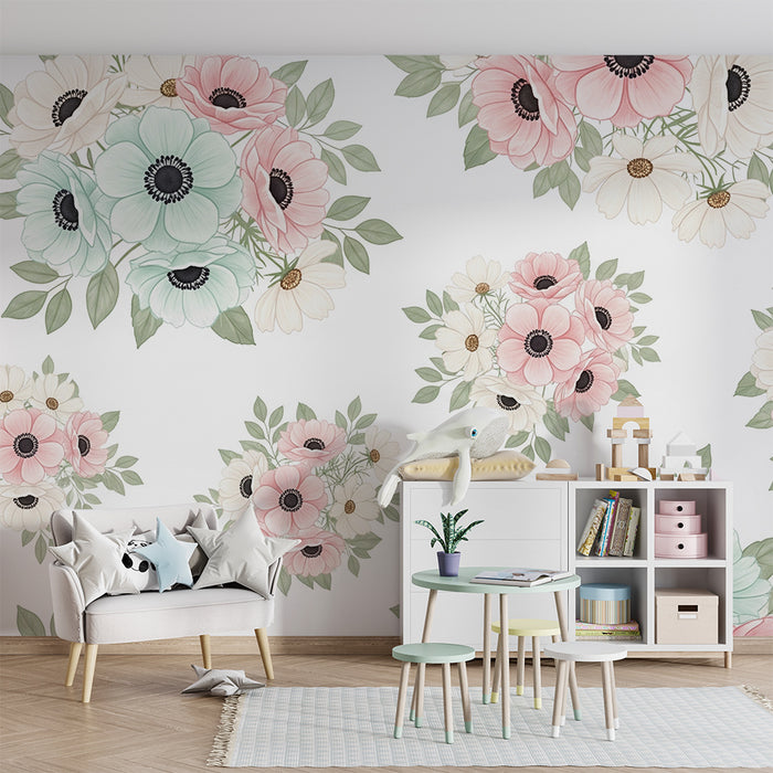 Papel de parede quarto bebê | Flores suaves em tons pastel e folhagem delicada