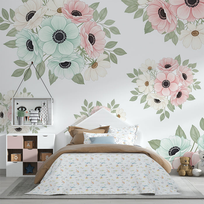 Papel de parede quarto bebê | Flores suaves em tons pastel e folhagem delicada