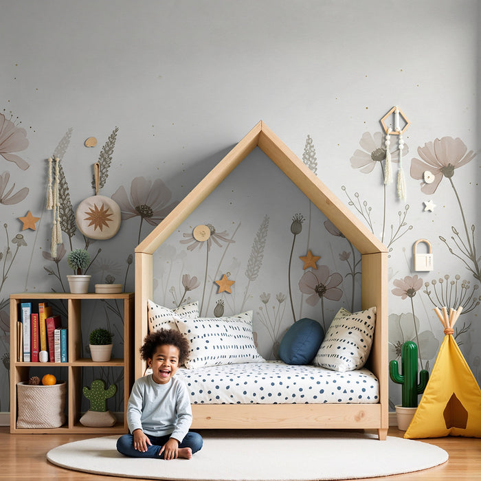 Lastenhuoneen tapetti | Hellät pastelliväriset kukat vaalealla pohjalla