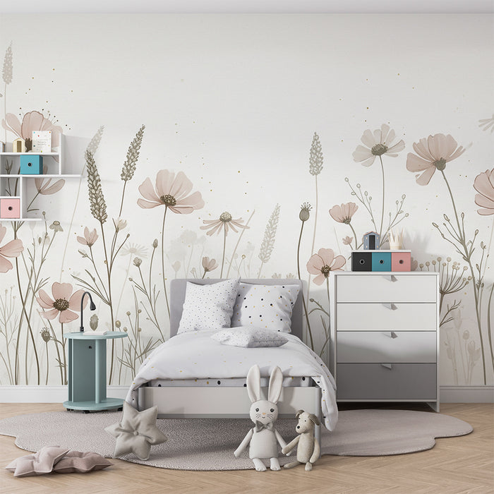 Lastenhuoneen tapetti | Hellät pastelliväriset kukat vaalealla pohjalla