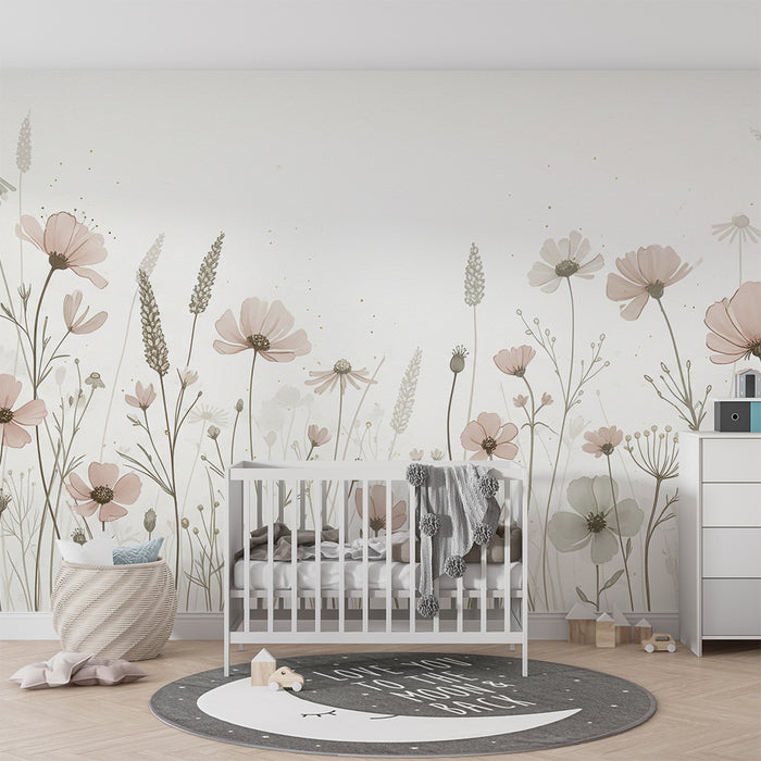 Lastenhuoneen tapetti | Hellät pastelliväriset kukat vaalealla pohjalla