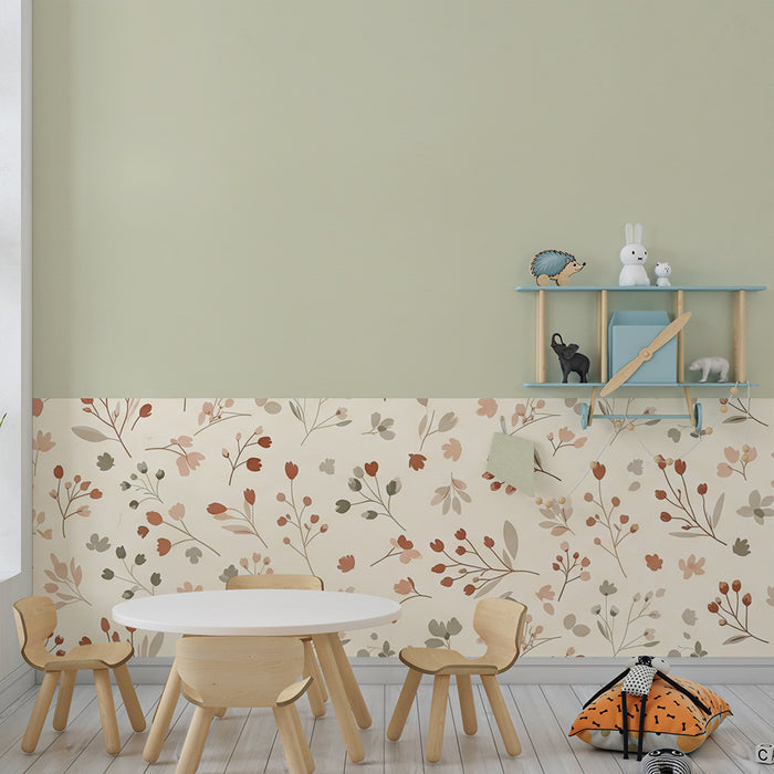 Papier peint chambre bébé | Douces fleurs pastel sur fond crème et vert tendre