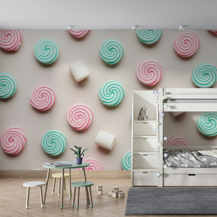 Tapet pentru camera copilului | Gustări dulci în nuanțe pastelate cu volute colorate