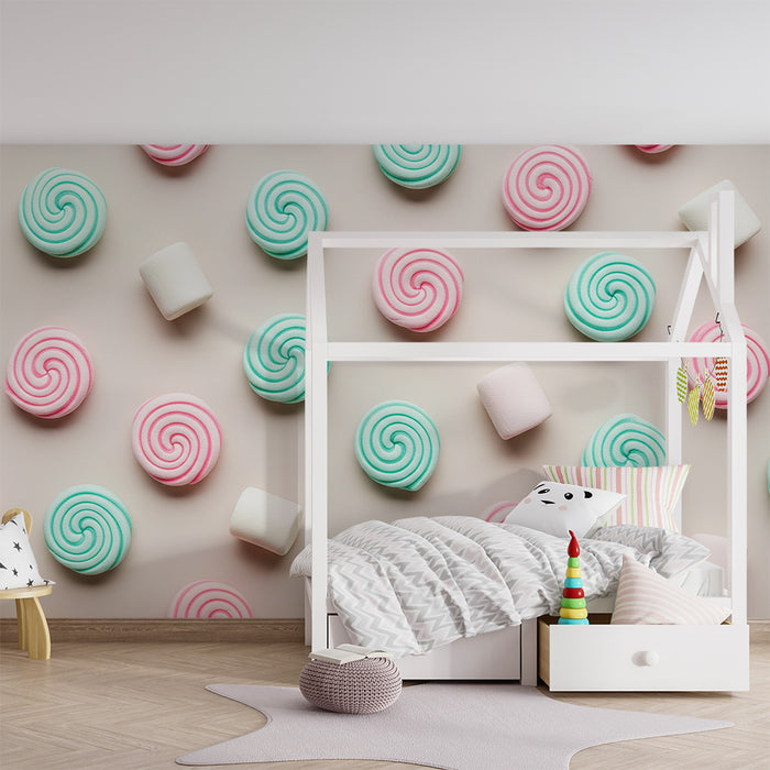 Tapet pentru camera copilului | Gustări dulci în nuanțe pastelate cu volute colorate