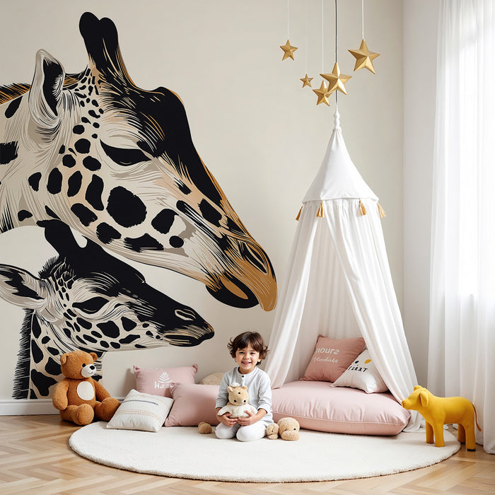 Papel de parede quarto bebê | Doces girafas mãe e bebê em fundo claro