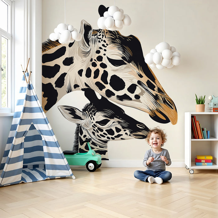 Papel de parede quarto bebê | Suaves girafas mãe e bebê em fundo claro