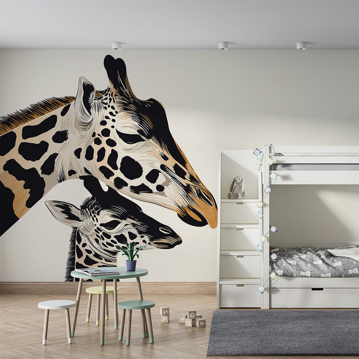 Papel de parede quarto bebê | Suaves girafas mãe e bebê em fundo claro