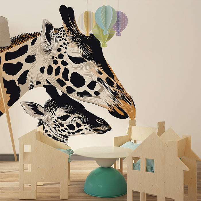 Papel de parede quarto bebê | Suaves girafas mãe e bebê em fundo claro