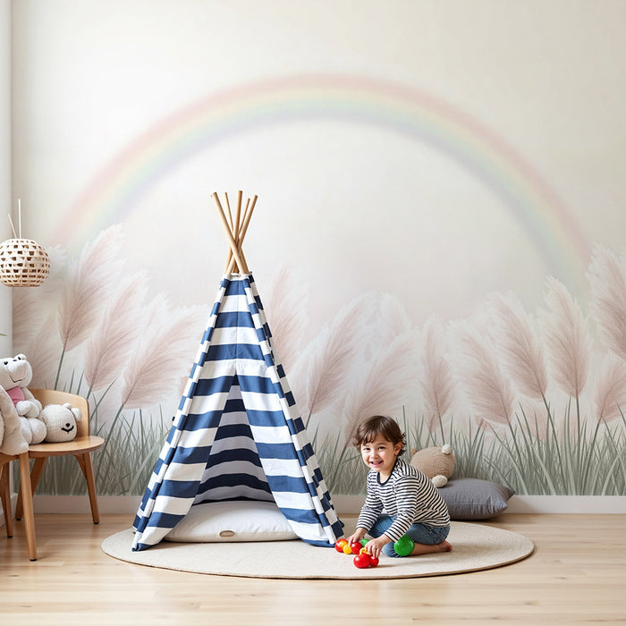 Babykamer behang | Zacht gras en pastel regenboog