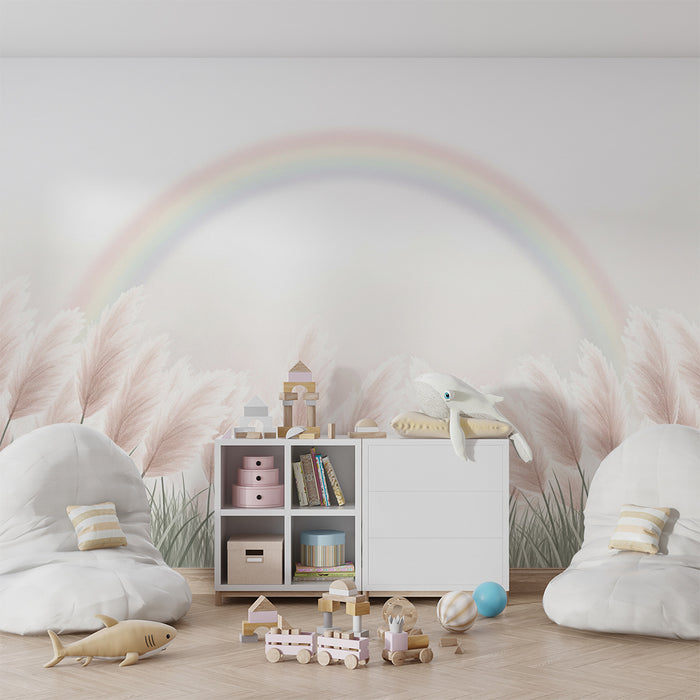 Babykamer behang | Zacht gras en pastel regenboog