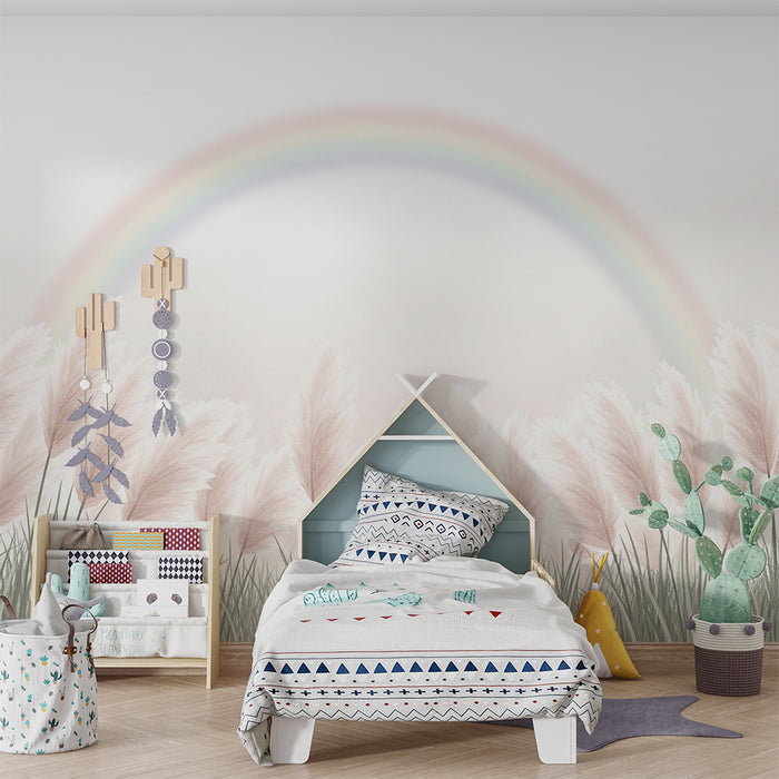 Babykamer behang | Zacht gras en pastel regenboog