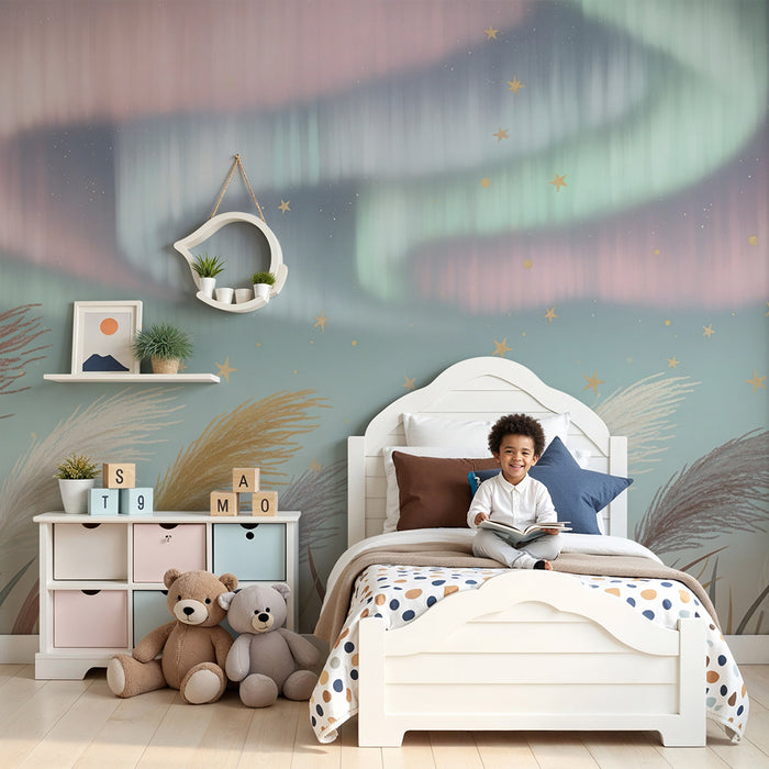 Papel de parede quarto bebê | Suaves ervas sob as auroras boreais estreladas