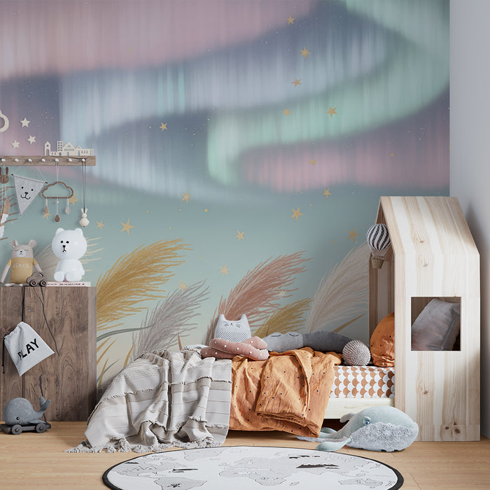 Papel de parede quarto bebê | Suaves ervas sob as auroras boreais estreladas