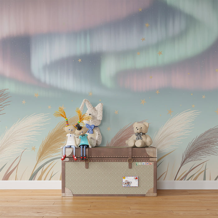 Papel de parede quarto bebê | Suaves ervas sob as auroras boreais estreladas
