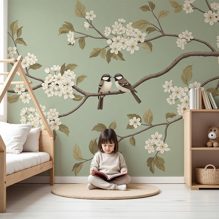 Papier peint chambre bébé | Douces mésanges sur une branche fleurie