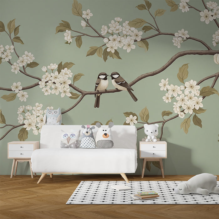 Papier peint chambre bébé | Douces mésanges sur une branche fleurie
