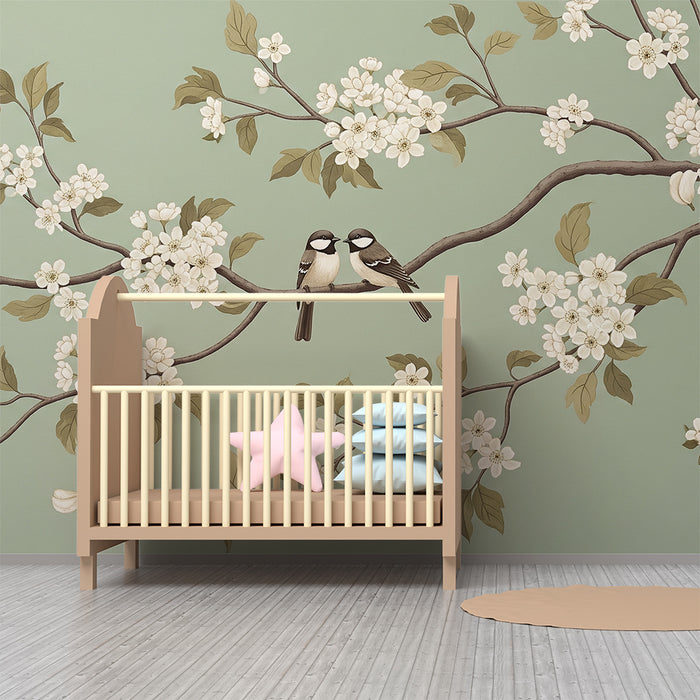 Papier peint chambre bébé | Douces mésanges sur une branche fleurie