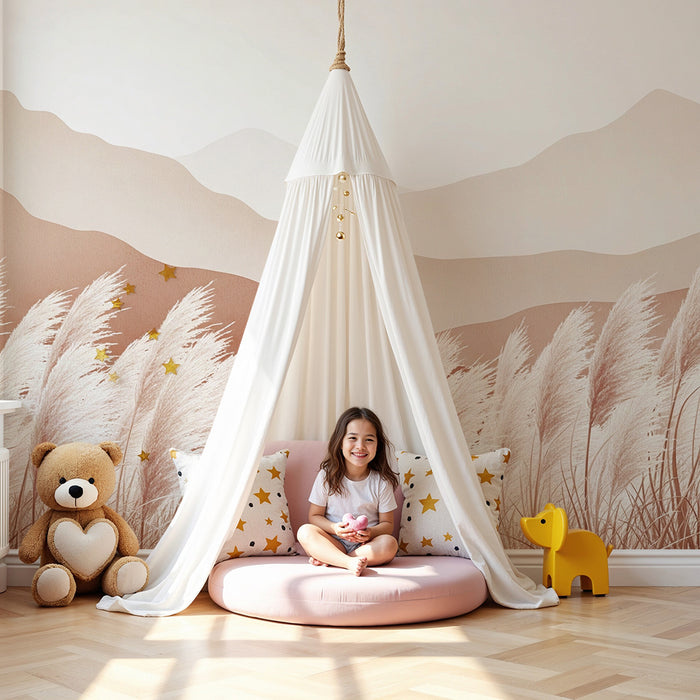 Babyzimmer Tapete | Sanfte Berge und Pampasgräser in neutralen Tönen