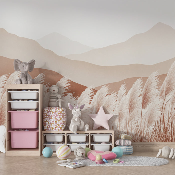 Babyzimmer Tapete | Sanfte Berge und Pampasgräser in neutralen Tönen