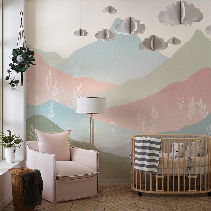 Barntapet | Mjuka pastellfärgade berg med delikat lövverk