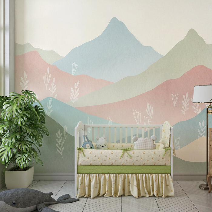 Barntapet | Mjuka pastellfärgade berg med delikat lövverk