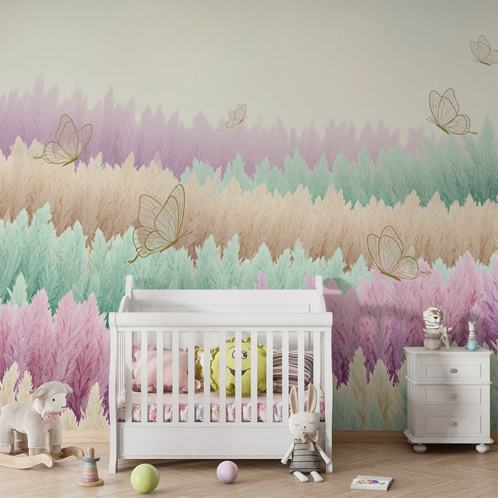 Lastenhuoneen tapetti | Hellävaraiset pastellinsävyiset höyhenet herkillä perhosilla