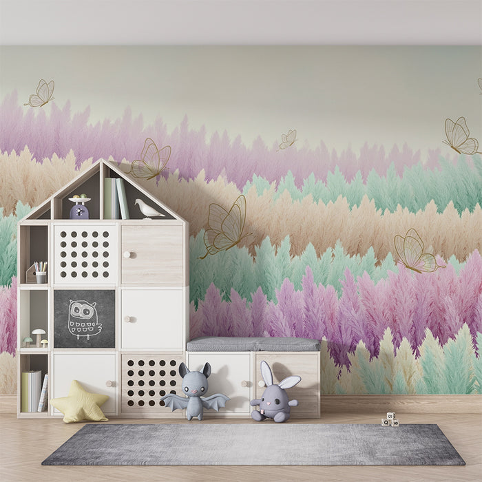 Lastenhuoneen tapetti | Hellävaraiset pastellinsävyiset höyhenet herkillä perhosilla