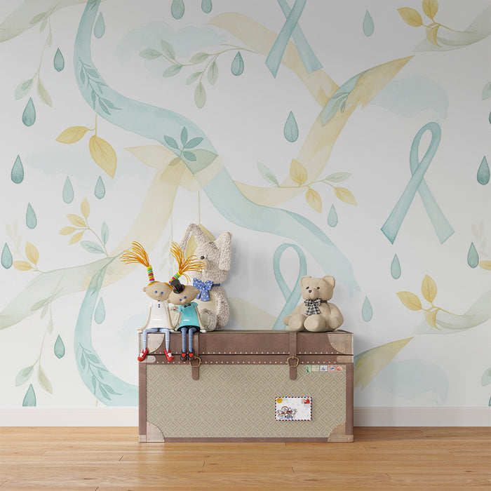 Papier peint chambre bébé | Douces rubans et feuilles dans des teintes pastel