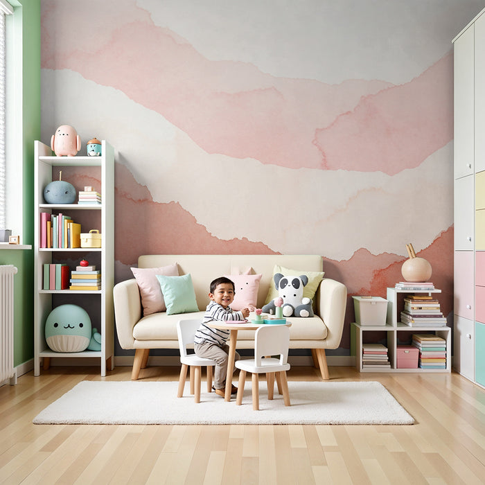 Lastenhuoneen tapetti | Lempeitä vesiväreillä maalattuja aaltoja vaaleanpunaisissa ja beigeissä sävyissä