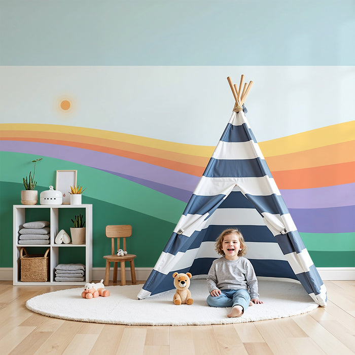 Papel de parede quarto bebê | Suaves ondas coloridas e nascer do sol