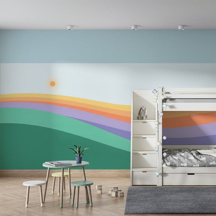 Papel de parede quarto bebê | Suaves ondas coloridas e nascer do sol