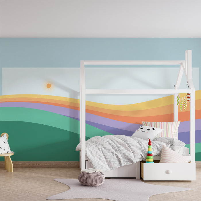 Papel de parede quarto bebê | Suaves ondas coloridas e nascer do sol