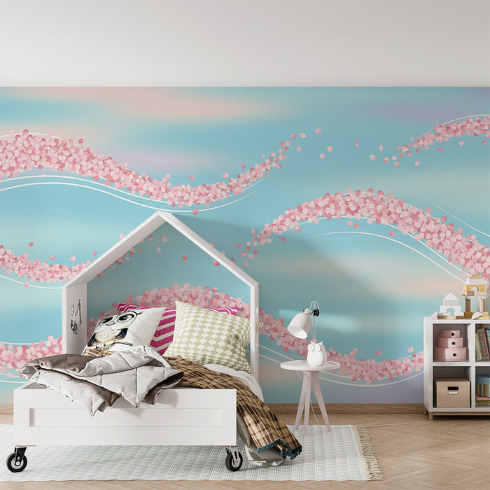 Papel pintado infantil | Suaves ondas de pétalos rosados sobre fondo azul