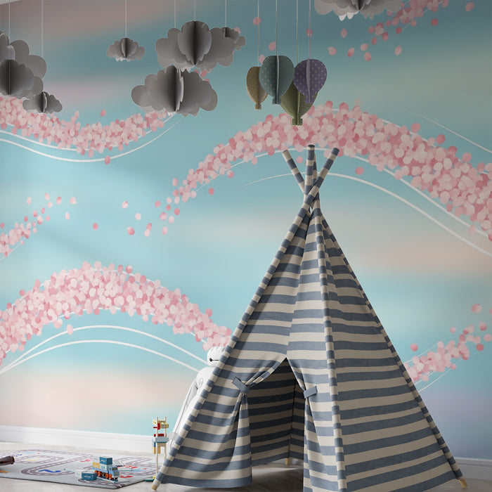 Papel pintado infantil | Suaves ondas de pétalos rosados sobre fondo azul