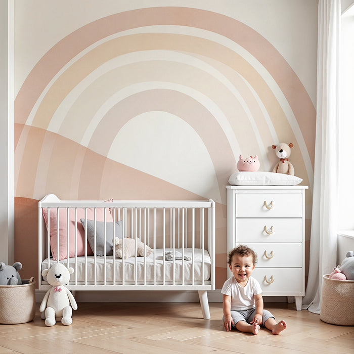 Lastenhuoneen tapetti | Lempeät aallot ja pastellin värinen sateenkaari maan sävyissä
