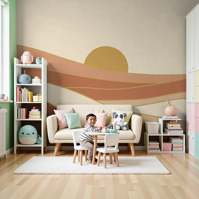 Papel pintado infantil | Suaves olas y puesta de sol en tonos pasteles