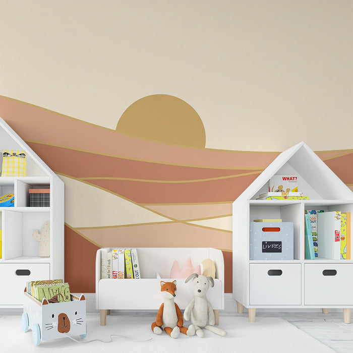 Papel pintado infantil | Suaves olas y puesta de sol en tonos pasteles