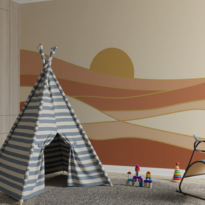 Papel pintado infantil | Suaves olas y puesta de sol en tonos pasteles