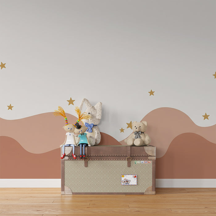Lastenhuoneen tapetti | Lempeät aallot ja kultaiset tähdet vaalealla pohjalla